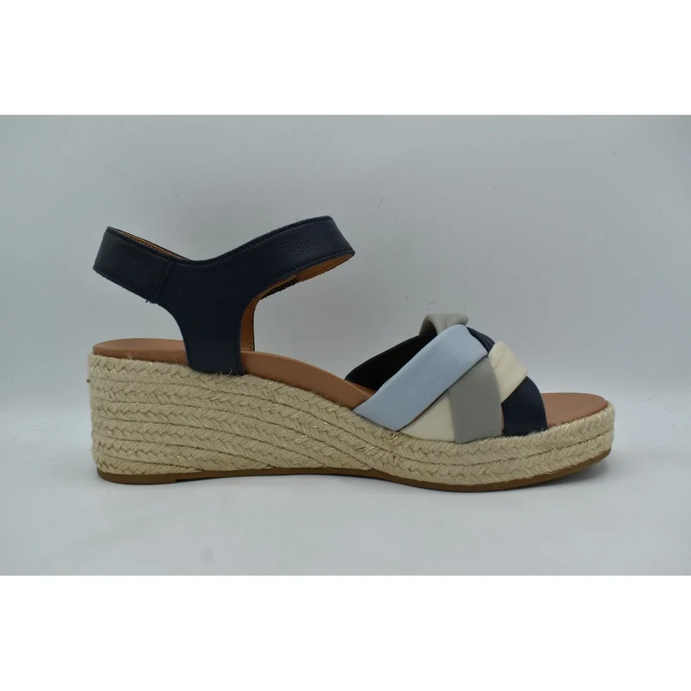 Vionic Women Size 11 Saratoga Navy Multi Leather Wedge Espadrille Sandals Shoes